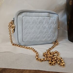 Escada Quilted Hearts Camera Bag Crossbody Light Blue Nubuck Leather Gold HW